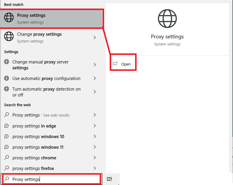 proxy system settings and click open