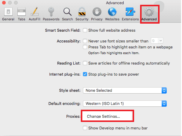 In the Safari menu, please go to Preferences or Settings for newer versions. Then click “Advanced tab” -> “Proxies section”-> “Change Settings”.