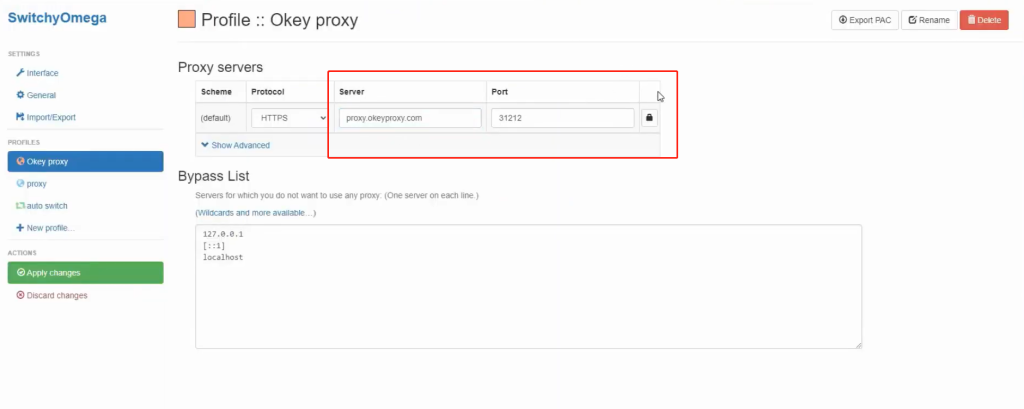 paste proxy ip and port into proxy settings