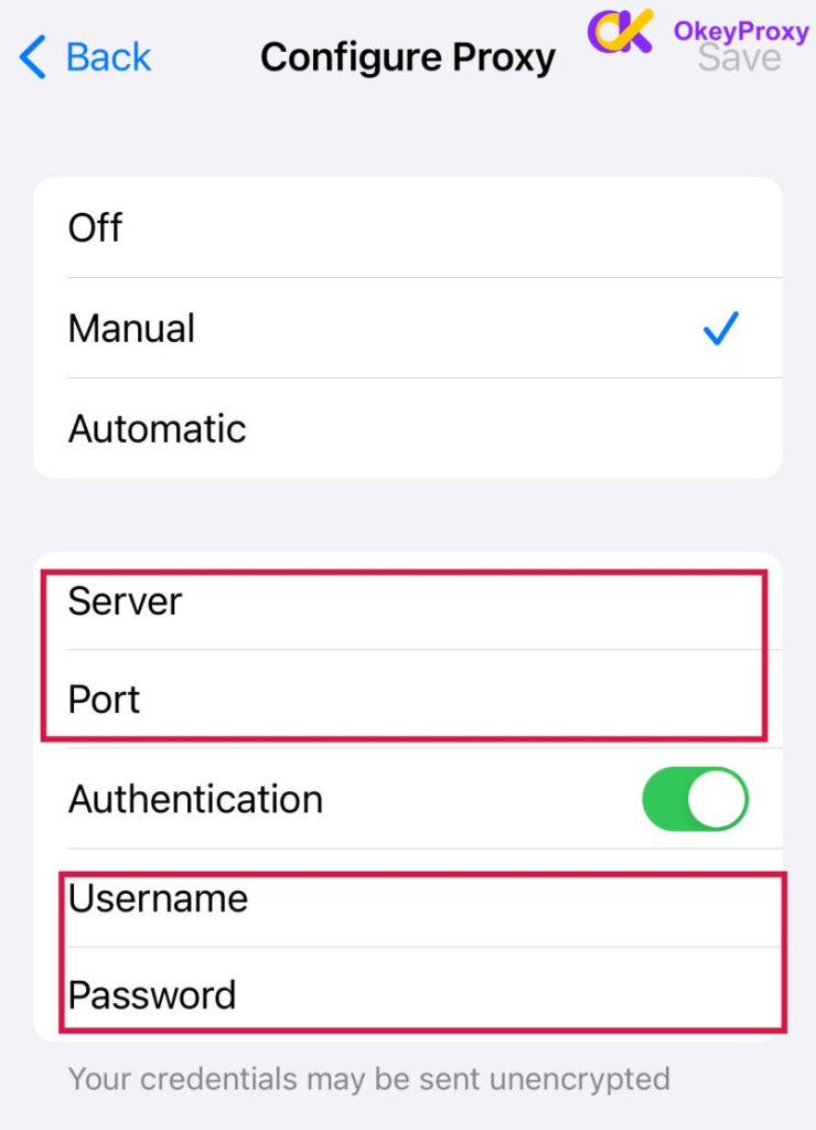 configure proxy and Select Manual in iphone