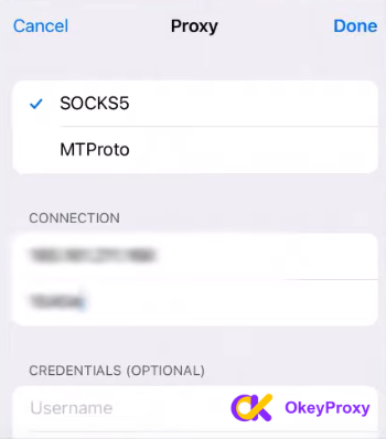 Choose from SOCKS5 and enter IP address, port, username, and password.
